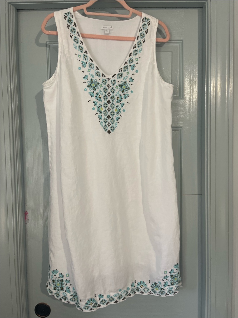 J. Jill White Sleeveless V-Neck Dress with Teal Embroidery